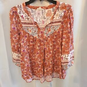 Jane Delancey Top Medium Orange Ditsy Floral Peasant Boho Cottagecore 13513 X
